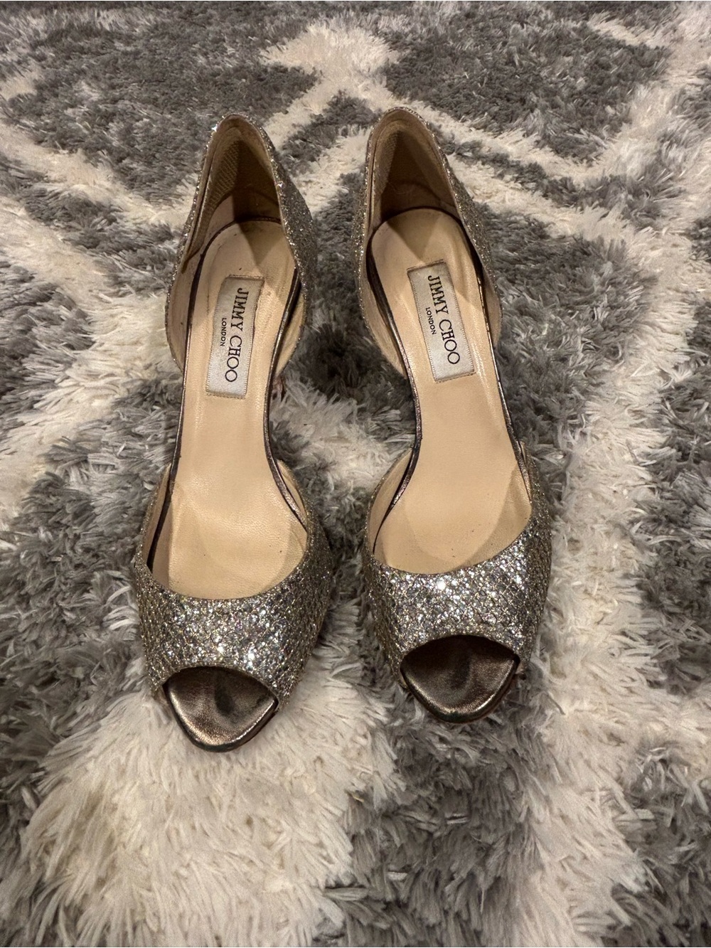 Jimmy Choo Women's Glitter Peep-Toe Heels in Silver. 2.5 inch heel. Size 37